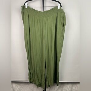 CATHERINES Olive Green Elastic Smocked Pull On Gauze Flowy Pockets Pants Size 3X